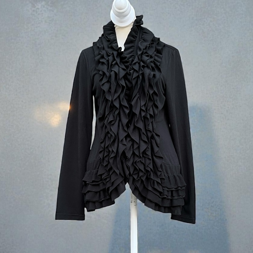 Versona Ruffled Open Front Cardigan in Black Size Small